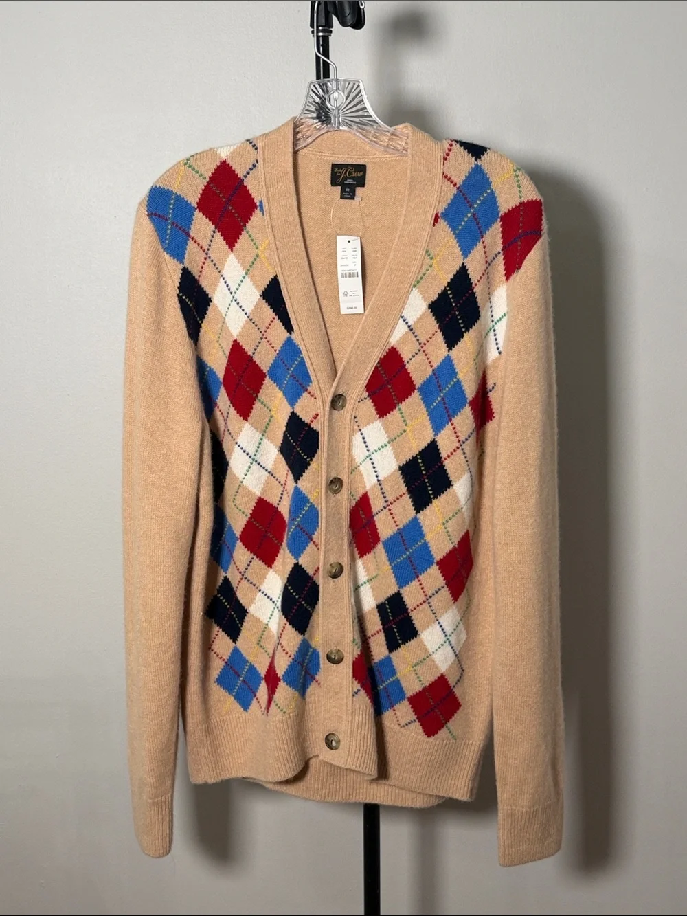 NWT J. CREW Men's Limited-Edition Cashmere Cardigan Sweater Heather Straw Argyle